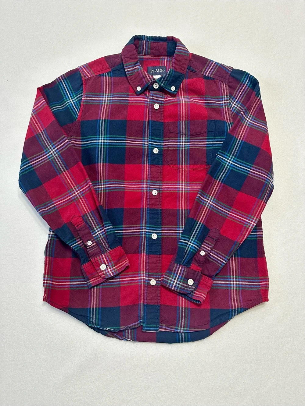Children's Place Boys Plaid Button Down Shirt Large 10/12 Red Blue Long Sleeve
